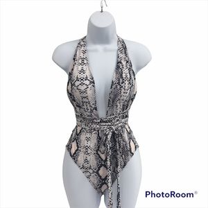 Sexy Deep V-Neck Backless Multi-way Wrap Swimsuit Snakeskin Taupe Black White M